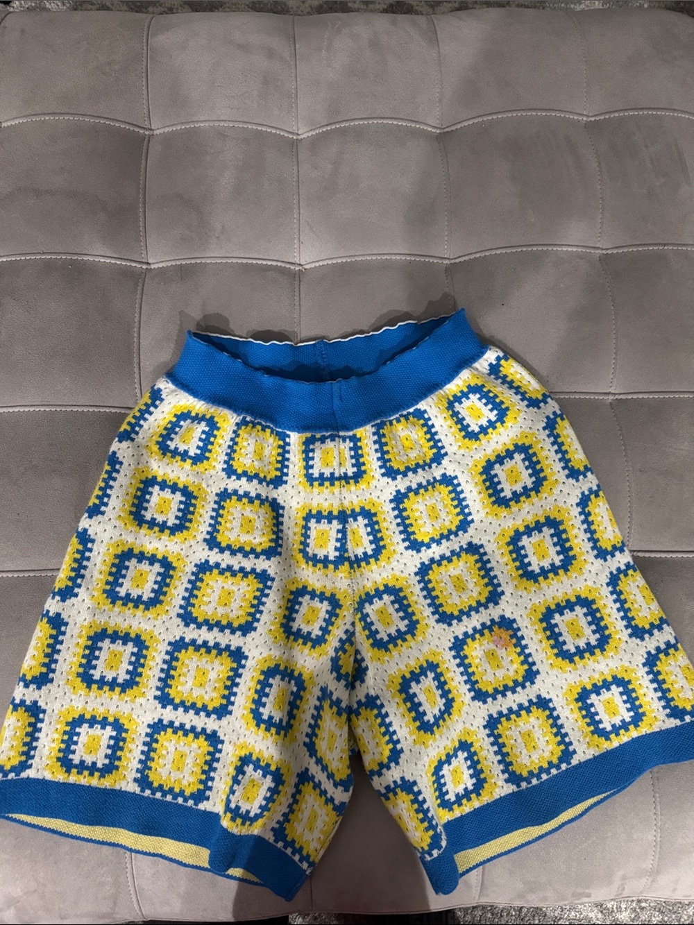 Men's Blue & Yellow Crochet-Pattern Shorts